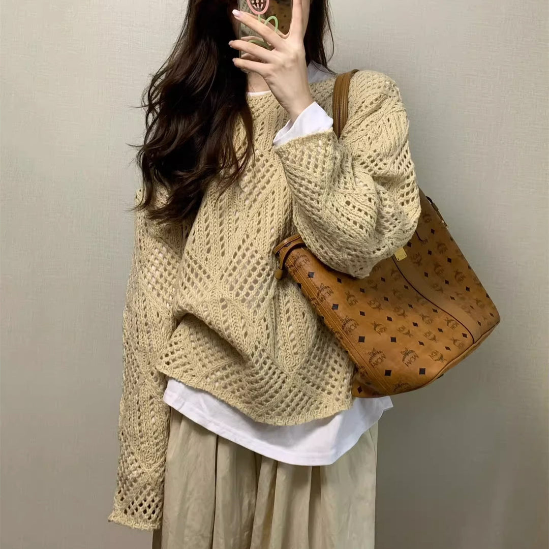 Damen luftiger Strickpullover im modernen Netzdesign Drune