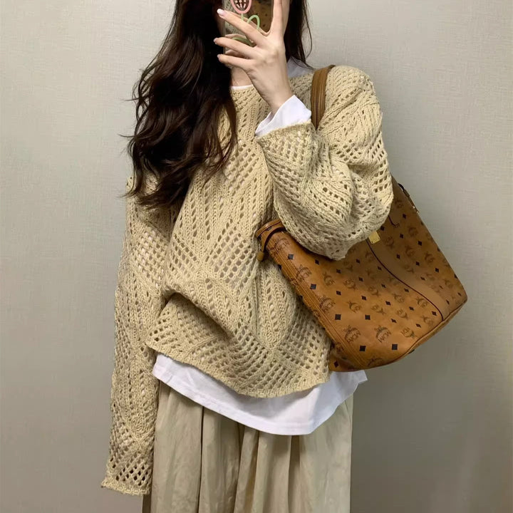 Damen luftiger Strickpullover im modernen Netzdesign Drune