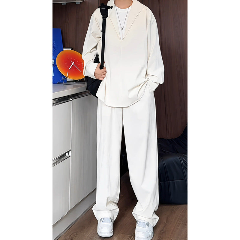 Herren nan locker geschnittenes zweiteiliges Freizeitset mit tiefem V-Ausschnitt Overshirt und weitem Bundfaltenhose Drune