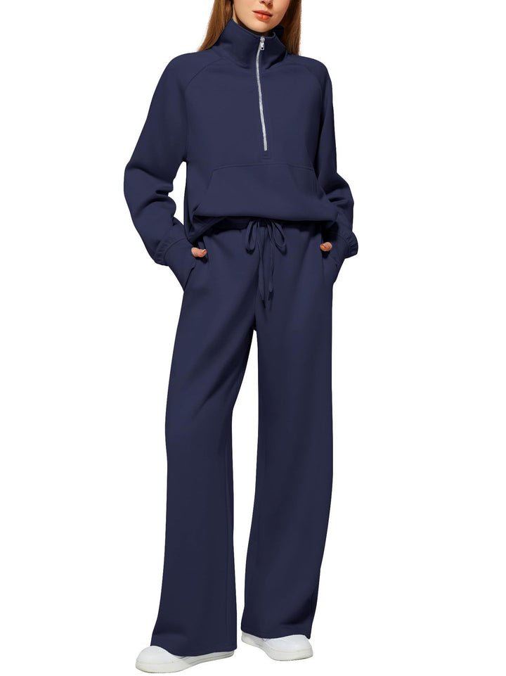 Damen nan halbzip Lounge-Set mit hohem Stehkragen, Kängurutasche und weiten Highwaist-Jogginghose Drune