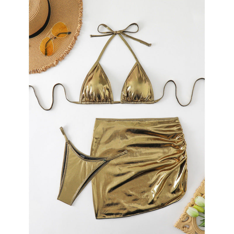 Damen Glänzender Triangel-Bikini mit Raffung und verspieltem Rock Drune