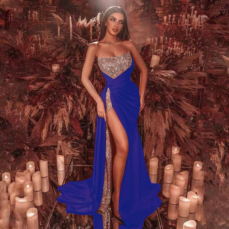 Damen Glamouröses Abendkleid mit schimmerndem Oberteil und verführerischem Schlitz Drune