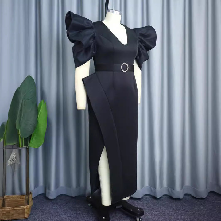 Damen Elegantes Abendkleid mit voluminösen Puffärmeln und einem stilvollen Gürtel Drune