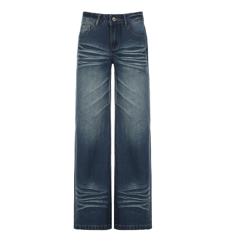 Damen Weite Jeans im Vintage-Stil mit hohem Bund und modischen Steppnähten Drune