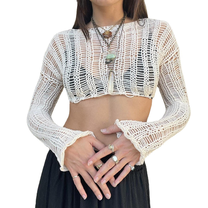Damen gehäkeltes Crop-Top mit offenen Ärmeln und lässigem Design Drune