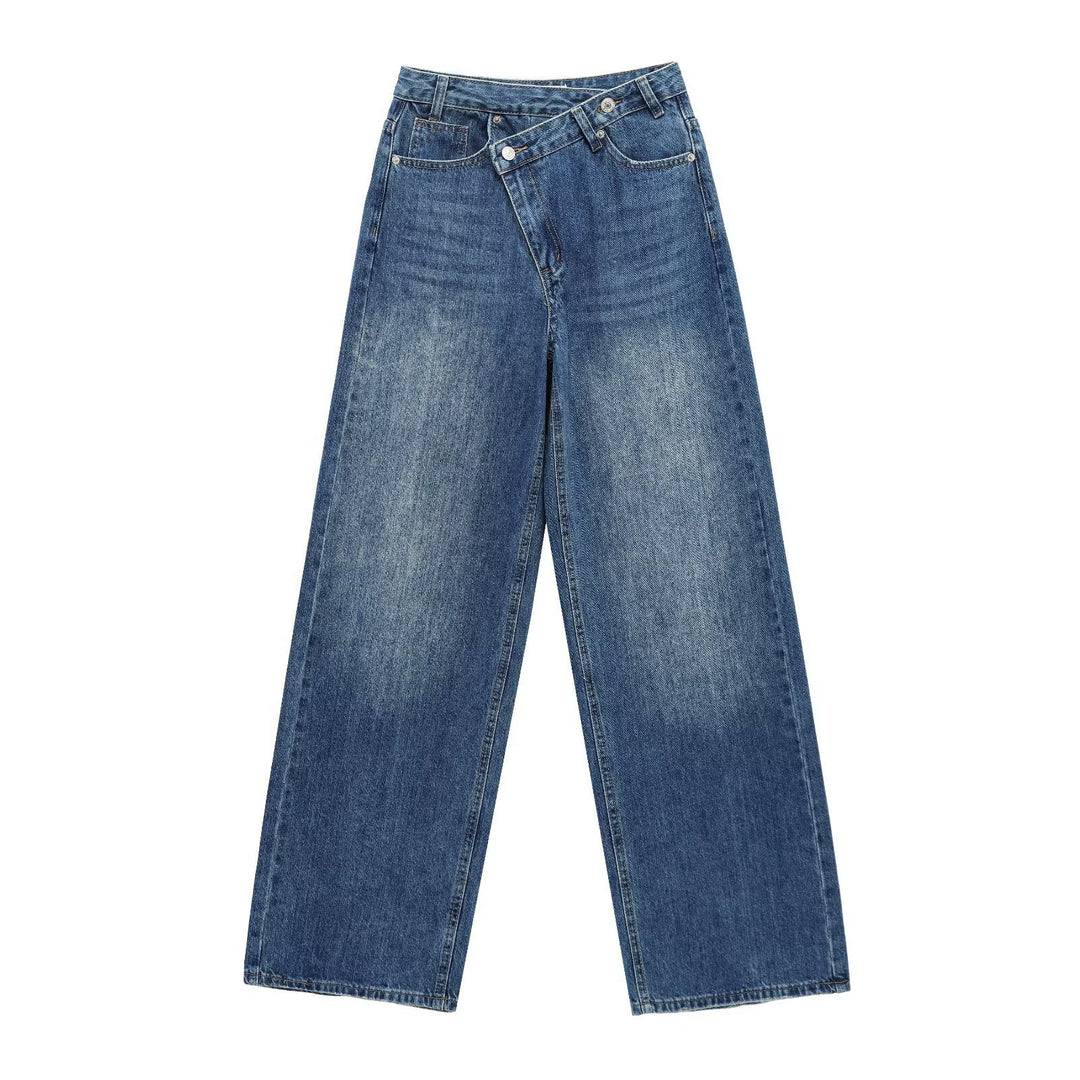 Damen weit geschnittene Jeans mit asymmetrischem Knopfverschluss und hohen Taillen Drune