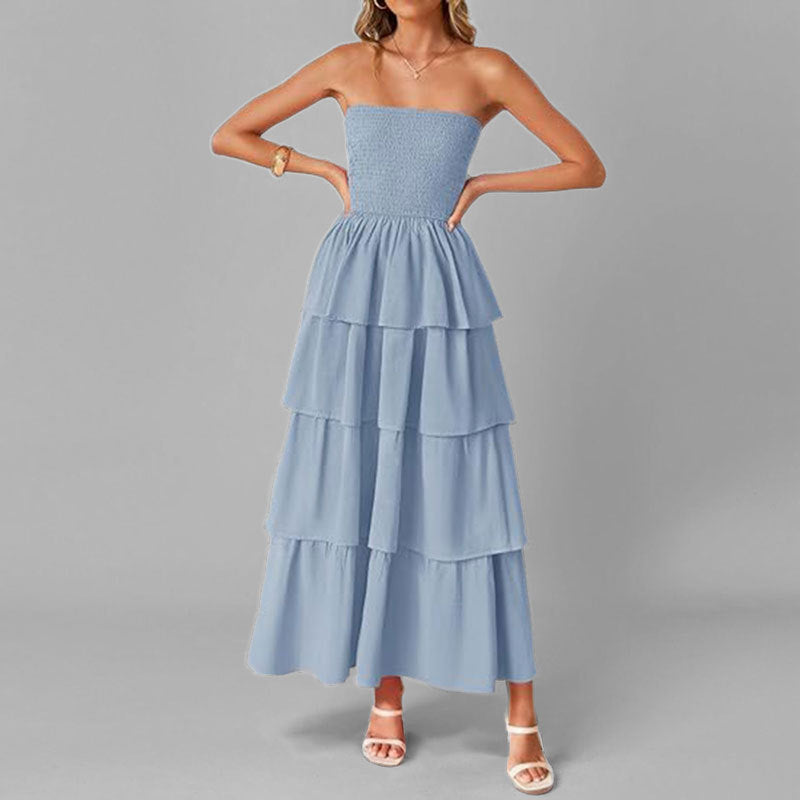 Damen Langes Rüschenkleid mit schulterfreiem Design und elastischem Oberteil Drune