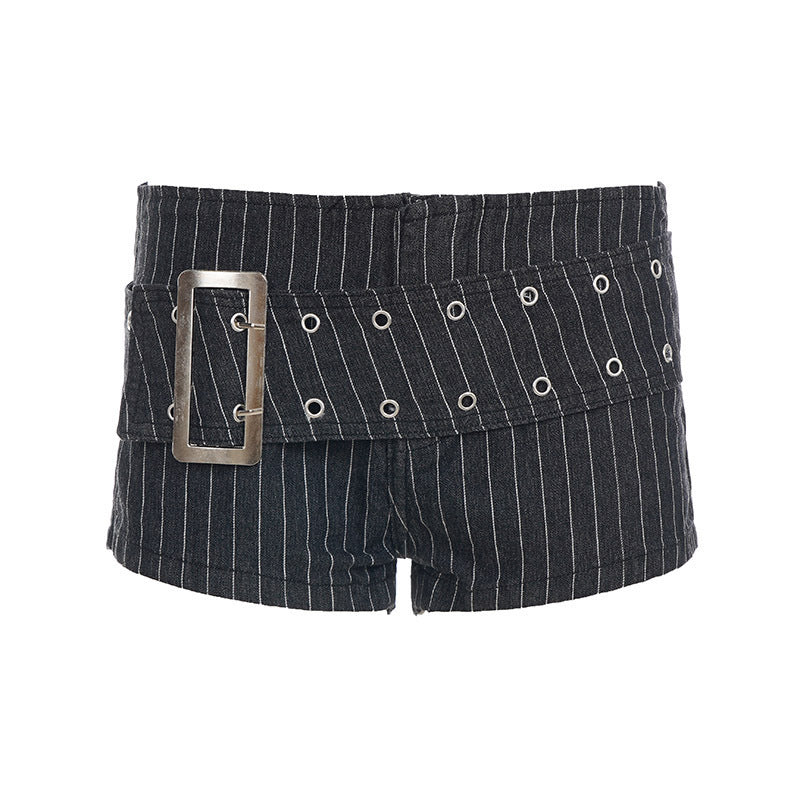 Damen modische Shorts mit breitem Gürtel und dekorativen Ösen Drune