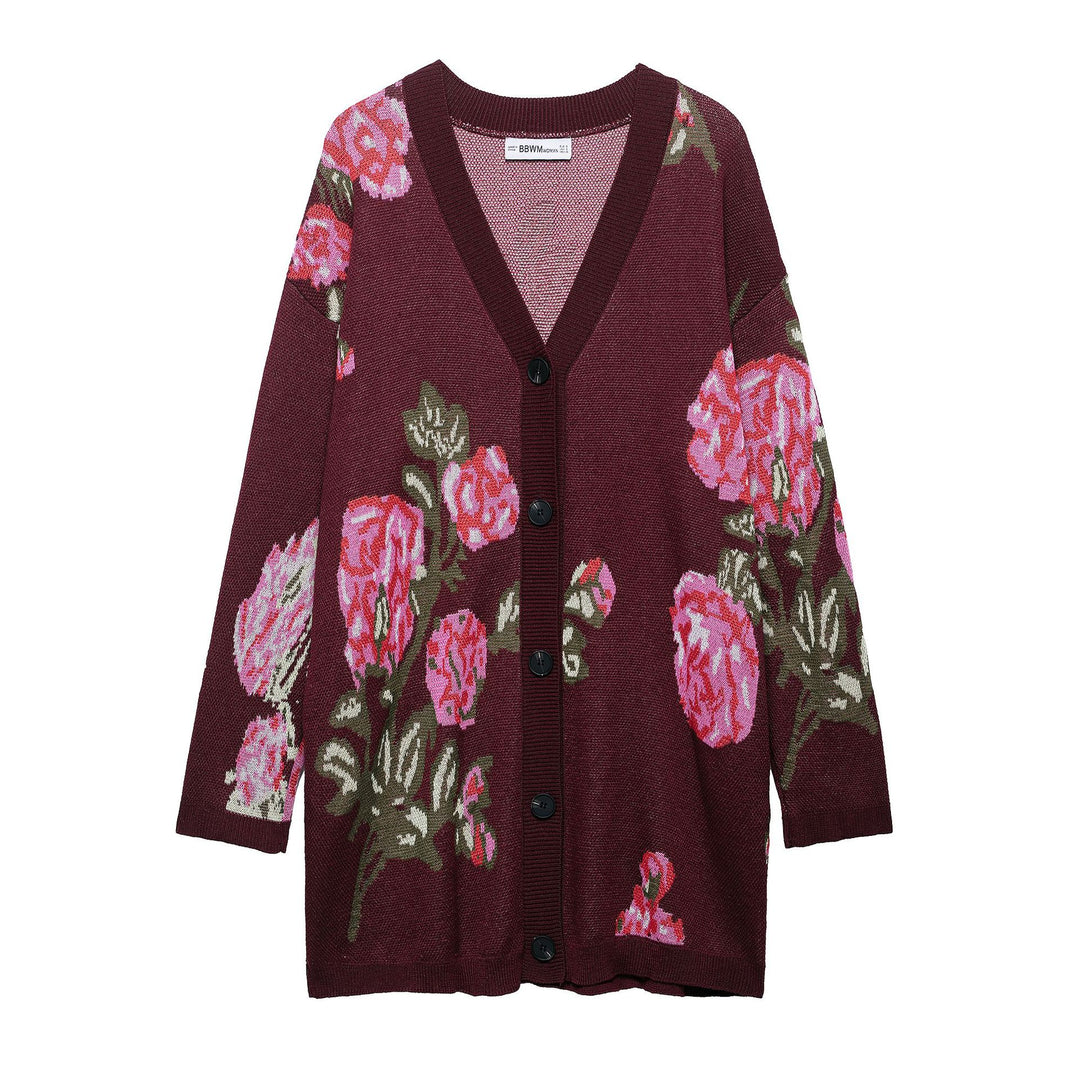 Damen Strickjacke mit floralem Muster und tiefem V-Ausschnitt Drune