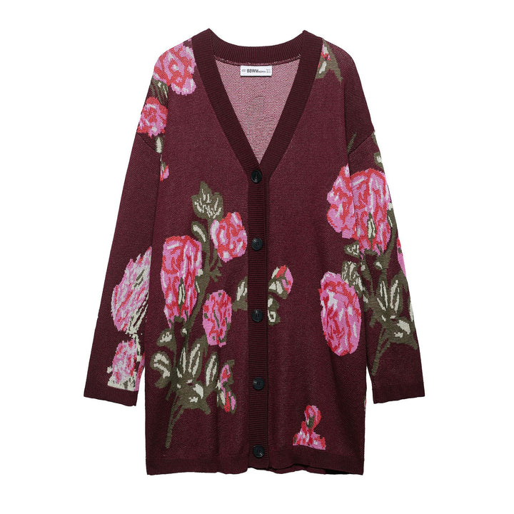 Damen Strickjacke mit floralem Muster und tiefem V-Ausschnitt Drune
