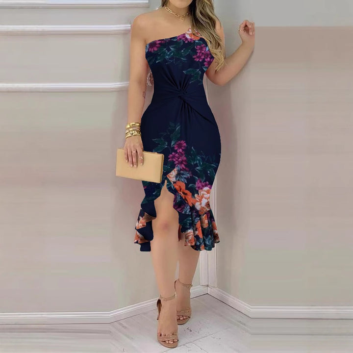 Damen Elegantes asymmetrisches Blumenkleid mit fließendem Saum und Raffung Drune