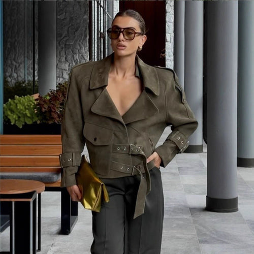 Damen modische Wildlederjacke mit taillierbarem Design und dekorativen Schnallen Drune
