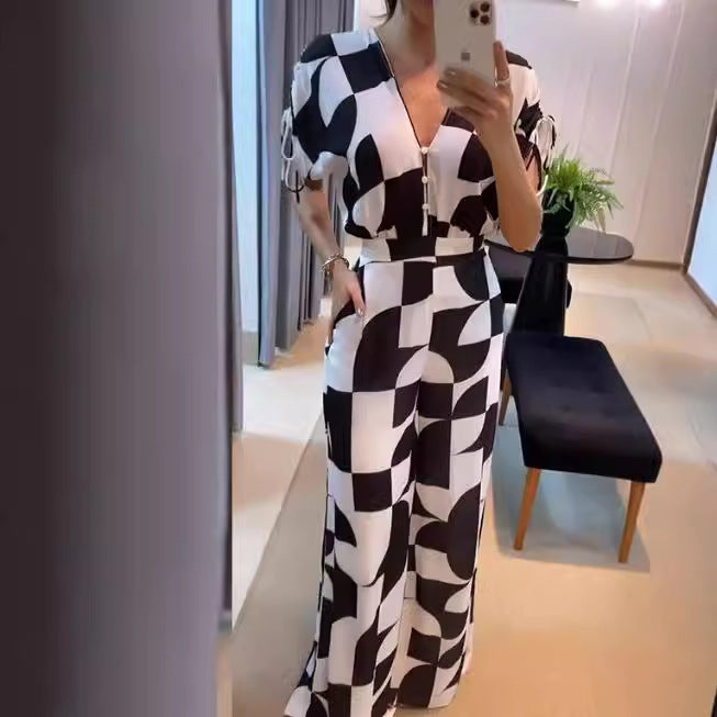 Damen Modischer Jumpsuit mit grafischem Muster und eleganten Ärmeln Drune