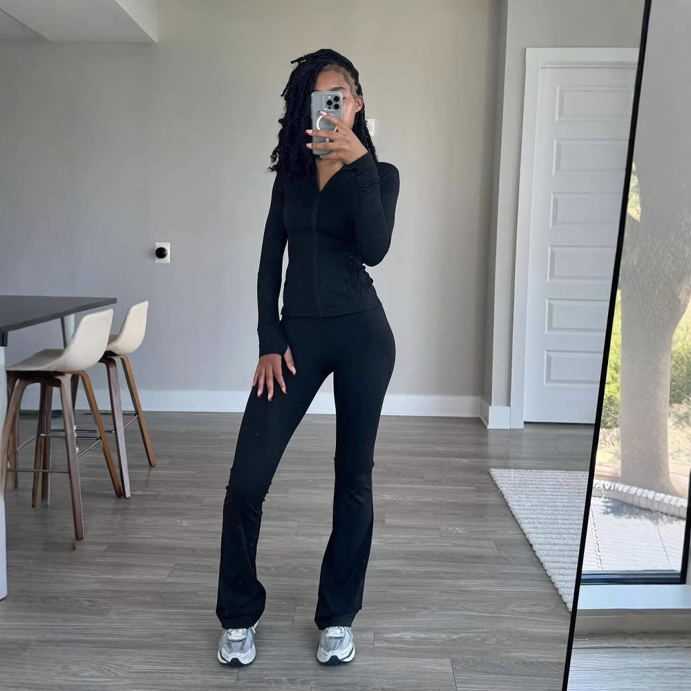 Damen Sportliches Freizeit-Loungewear-Set mit enganliegendem Langarmoberteil und hoher Taille Drune