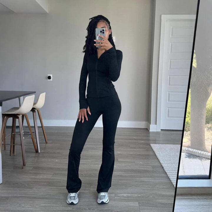 Damen Sportliches Freizeit-Loungewear-Set mit enganliegendem Langarmoberteil und hoher Taille Drune