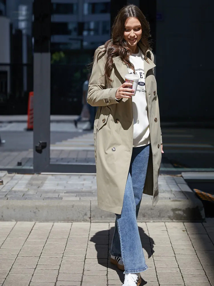 Damen Trenchcoat mit doppelter Knopfleiste und Taillengürtel Drune