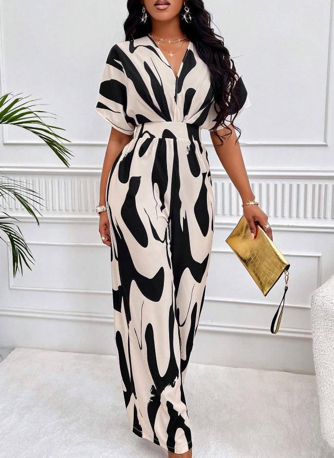 Damen Eleganter Maxijumpsuit mit tiefem V-Ausschnitt und weit geschnittenem Bein Drune