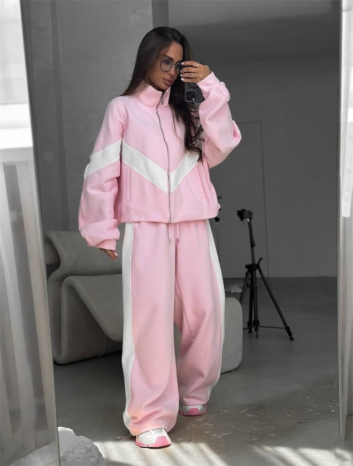 Damen Sportlicher Jogginganzug mit hohem Kragen und markanten Kontraststreifen Drune
