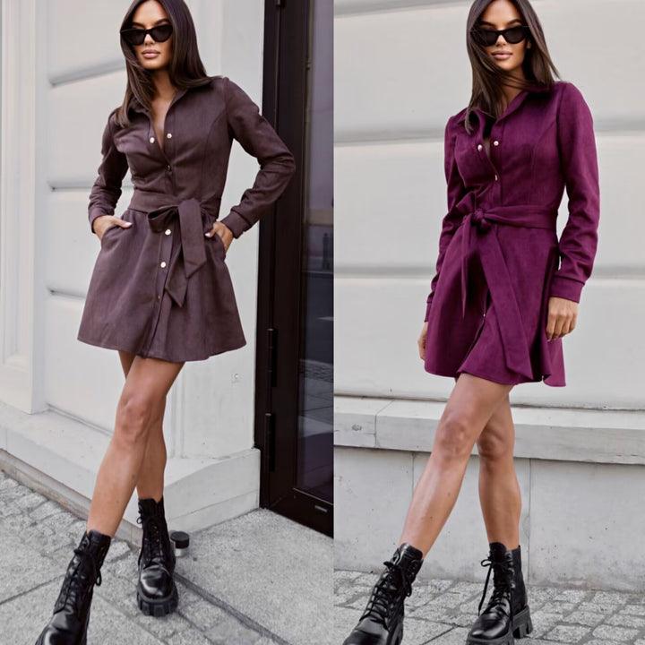 Damen Hemdkleid mit Taillengürtel und eleganter Knopfleiste Drune