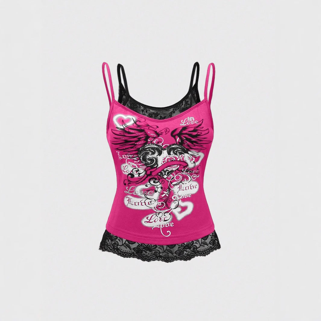 Damen Spitze Cami Top mit Grafischem Print Drune