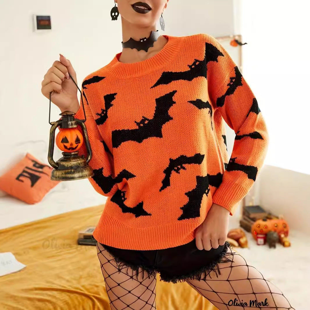 Damen Halloween Pullover mit lustigem Fledermaus-Muster Drune