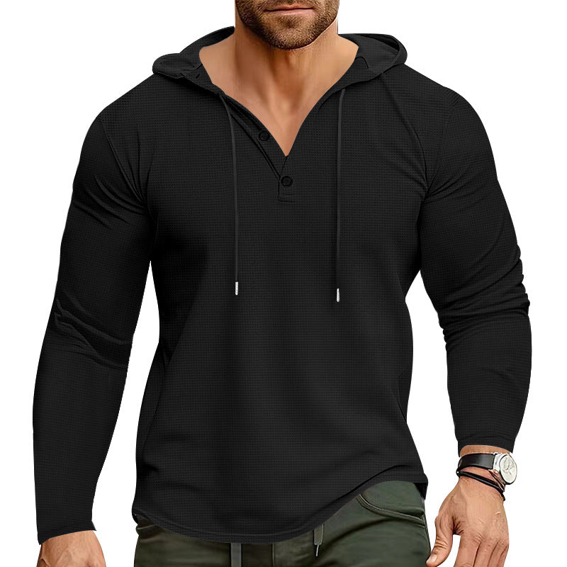 Herren nan körperbetontes Waffelstruktur-Henley-Hoodie mit halber Knopfleiste und Zugkordel Drune