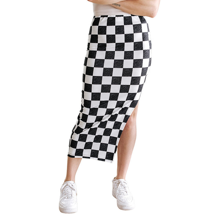Damen Midirock mit grafischem Karomuster und seitlichem Schlitz Drune