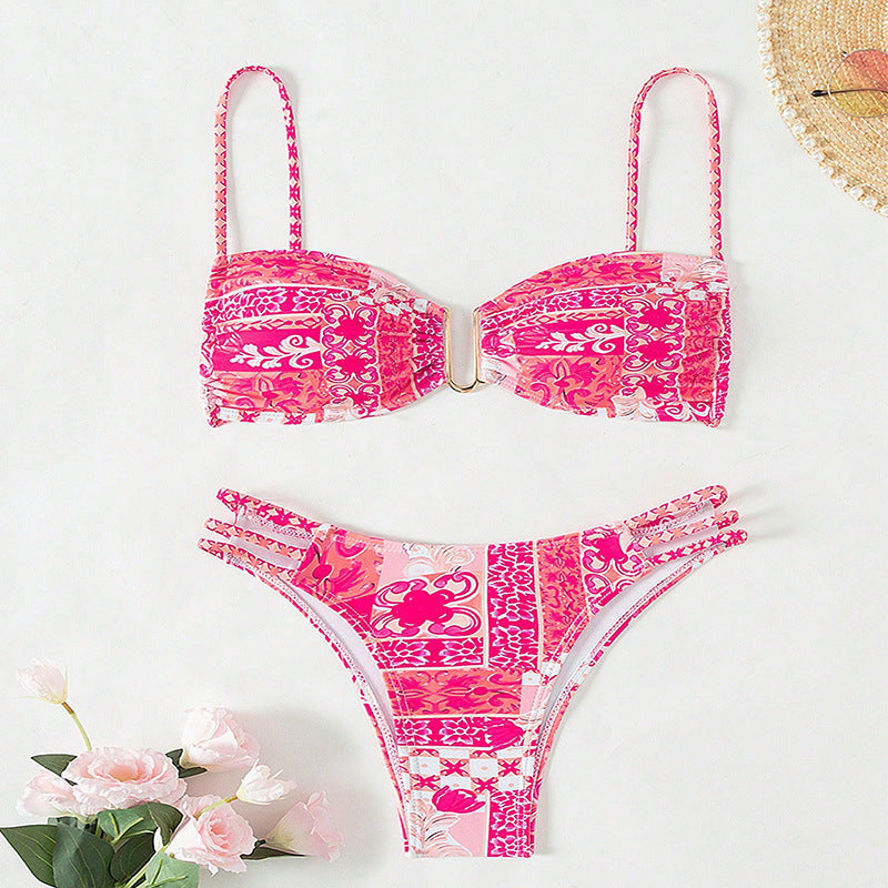 Damen Bandeau-Bikini mit raffinierten Rüschendetails und elegantem Muster Drune