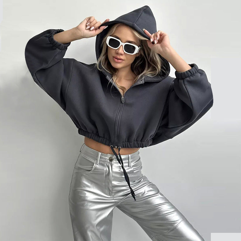 Damen nan kurzes Oversize-Kapuzensweatshirt mit Halbzip und Kordelzugbund Drune
