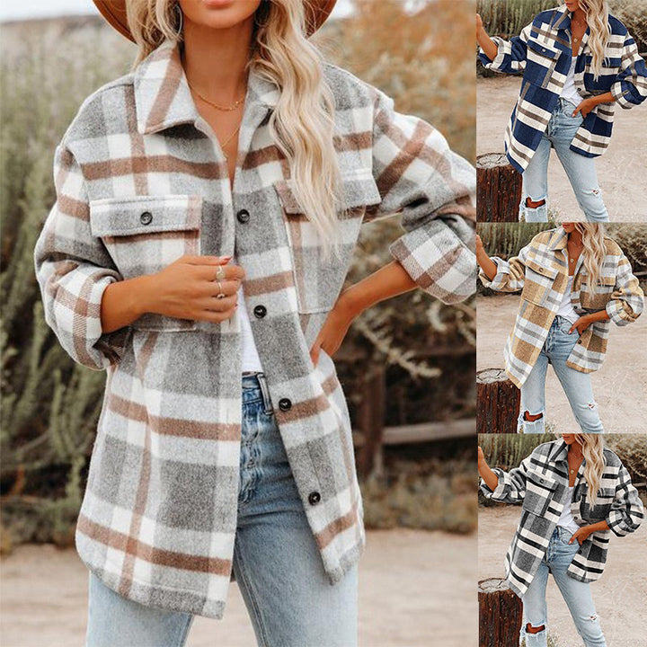Damen karierte Flanelljacke mit lässigem Schnitt und aufgesetzten Taschen Drune