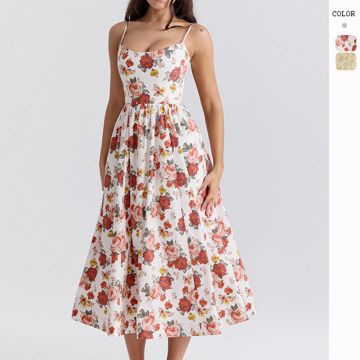 Damen Midi-Blumenkleid mit trägerlosem Stil und schwingendem Rock Drune