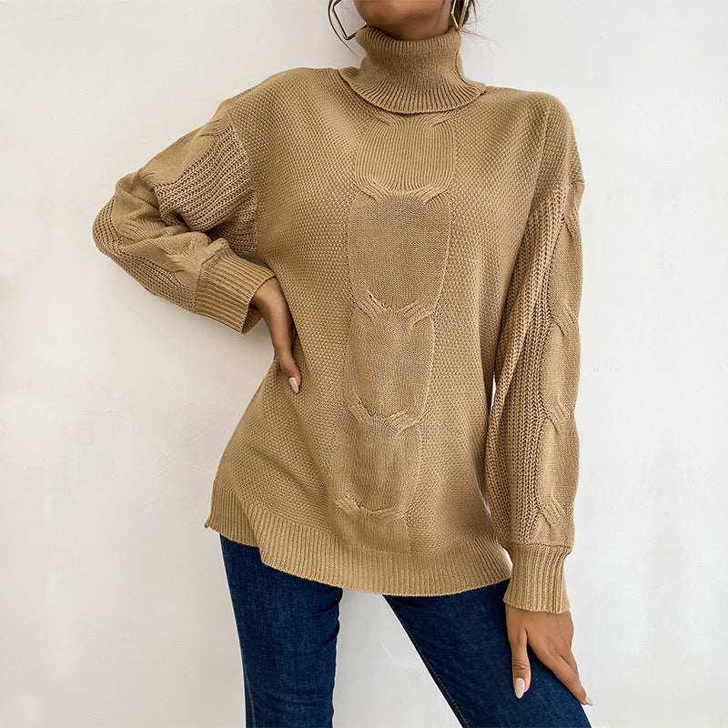 Damen modischer Pullover im groben Strickdesign mit hohen Kragen Drune