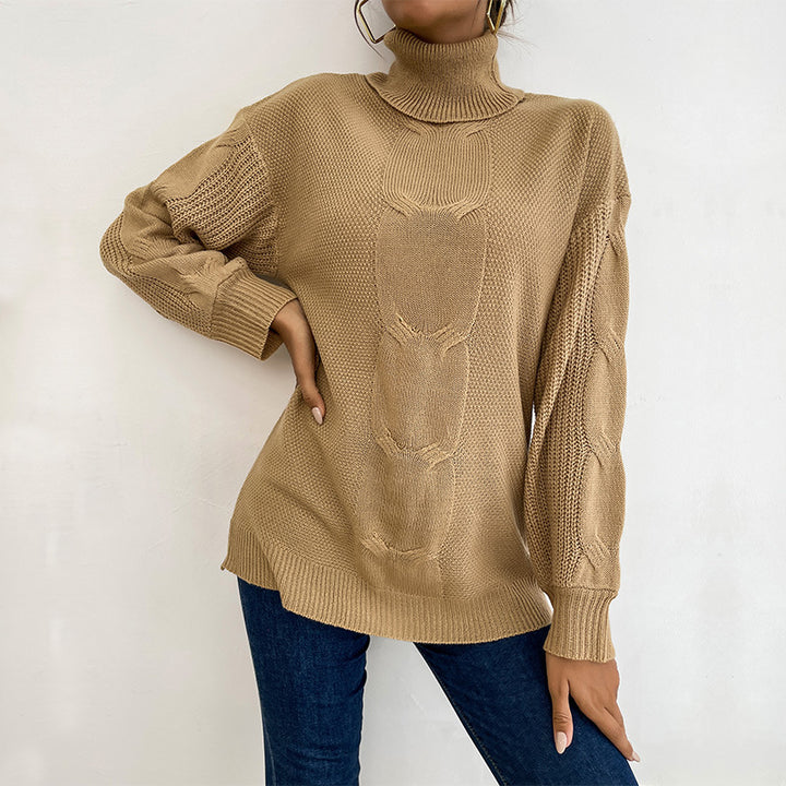 Damen modischer Pullover im groben Strickdesign mit hohen Kragen Drune