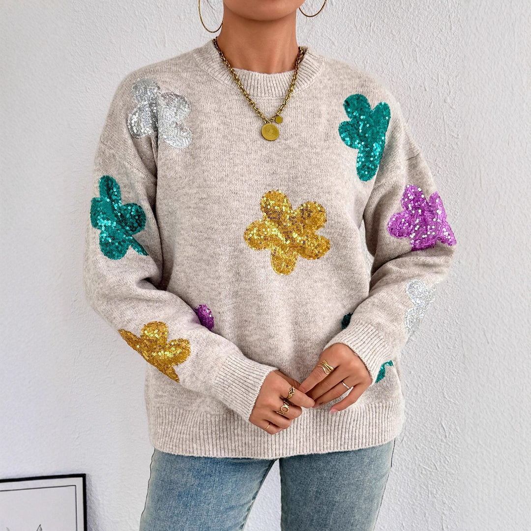 Damen Strickpullover mit glitzernden Blütenapplikationen Drune