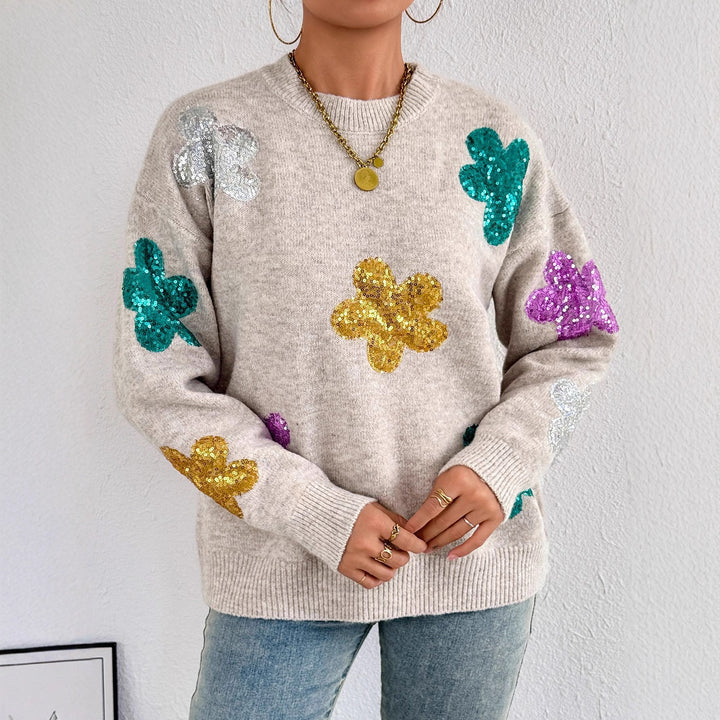 Damen glitzernder Oversized Pullover mit floralem Motiv Drune