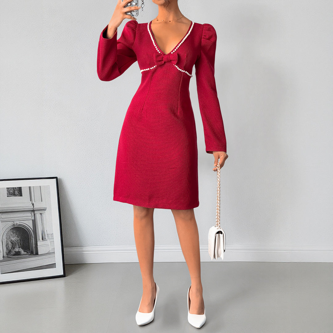 Damen figurbetontes Kleid mit eleganter Schleife Drune