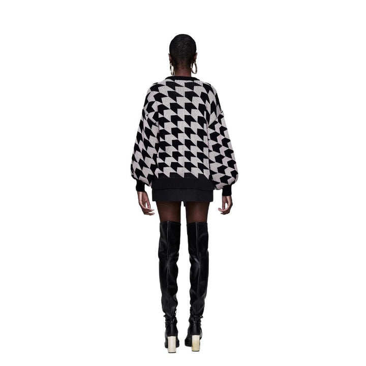 Damen geometrischer Strickpullover mit lässigem Schnitt und trendigen Trompetenärmeln Drune