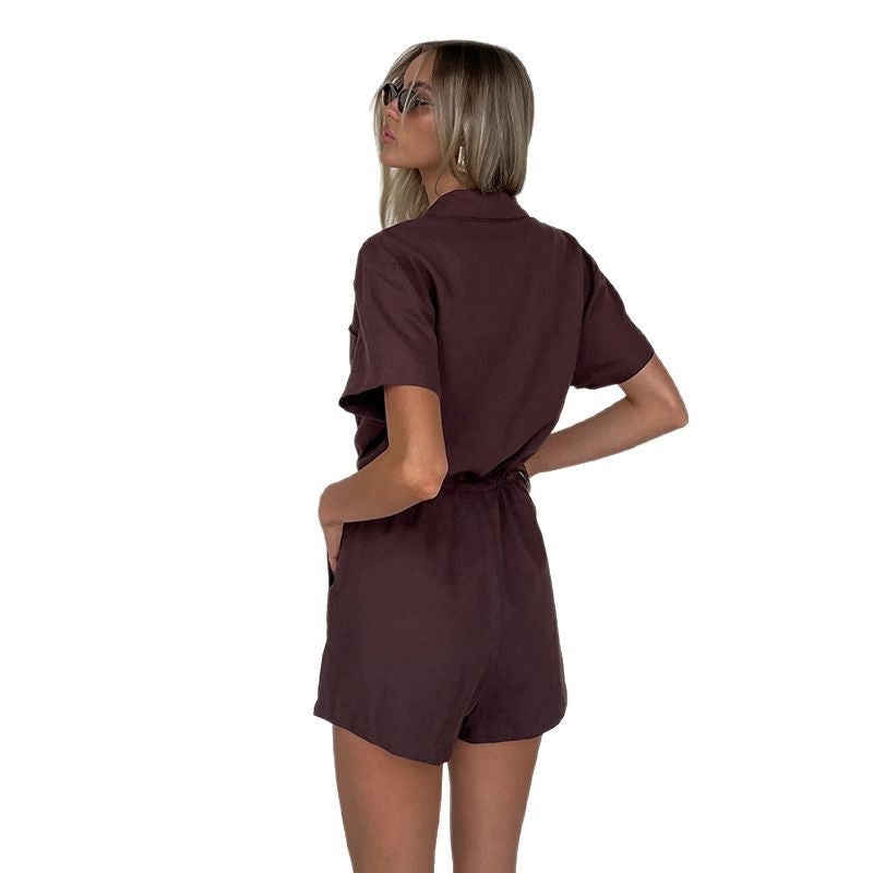 Damen lässiger Kurzarm-Jumpsuit mit Taillierung Drune