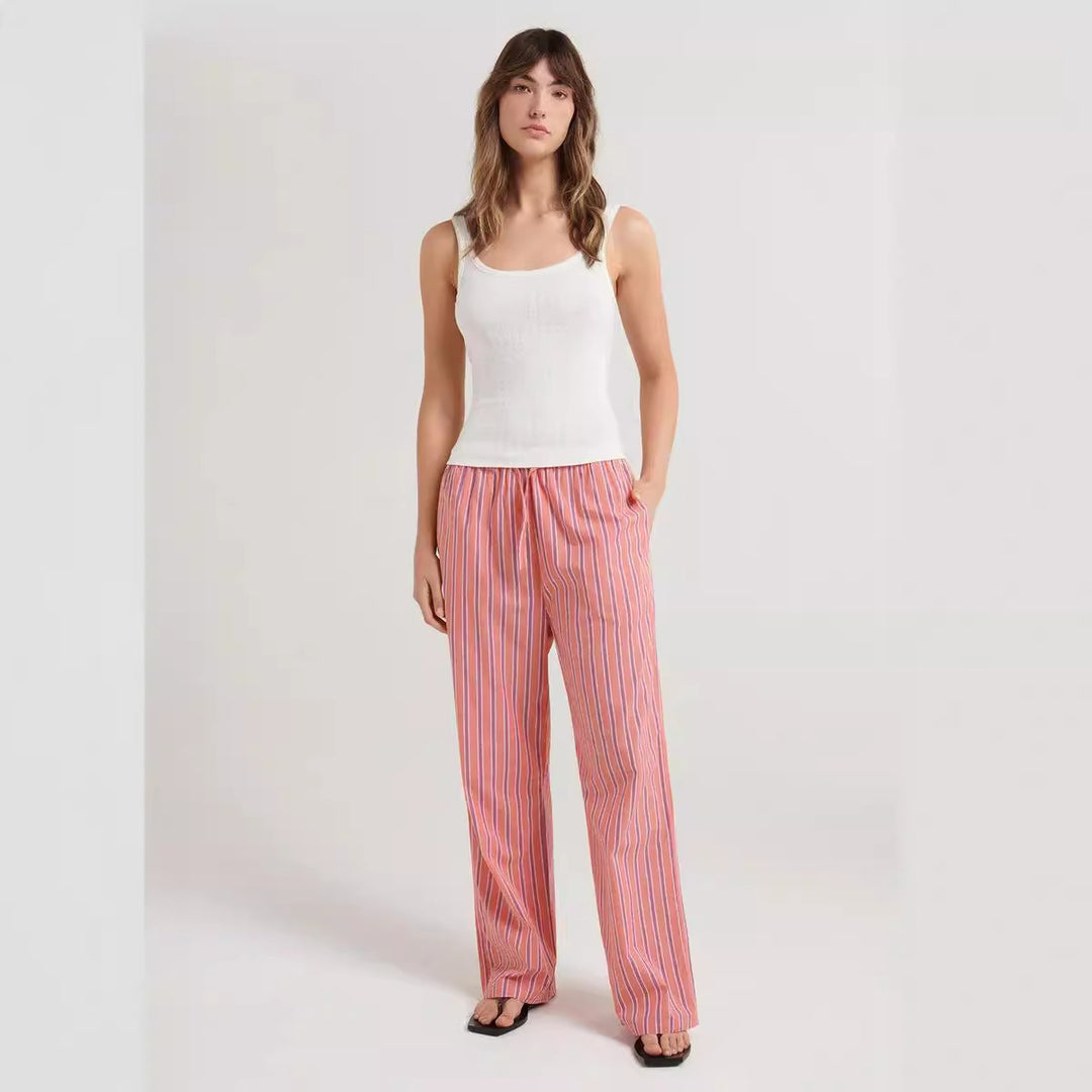 Damen lässige bequeme Schlafhose aus leichtem Baumwollstoff mit eleganten Streifen Drune