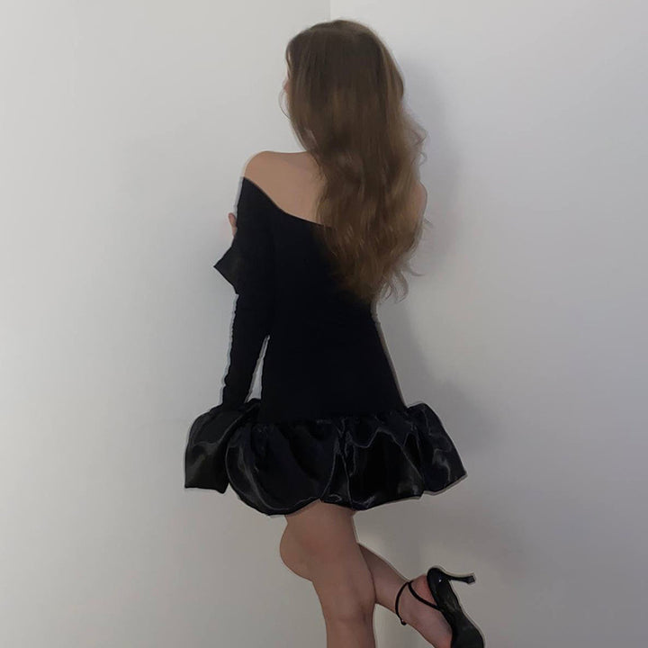 Damen Off-Shoulder Minikleid mit asymmetrischen Rüschendetails und transparenter Ärmeln Drune