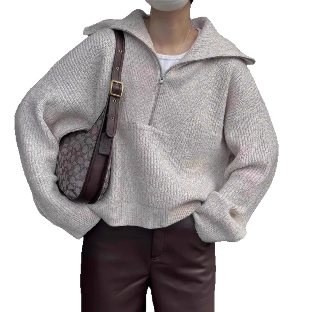 Damen Grober Strickpullover mit Stehkragen und Reißverschluss Drune