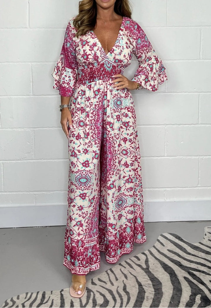 Damen Jumpsuit mit floralem Design und weit ausgestellten Ärmeln Drune