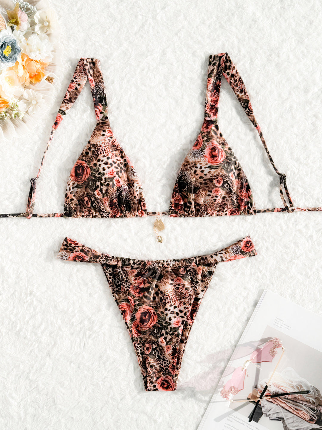 Damen Triangel-Bikini mit floralem Leopardenmuster Drune