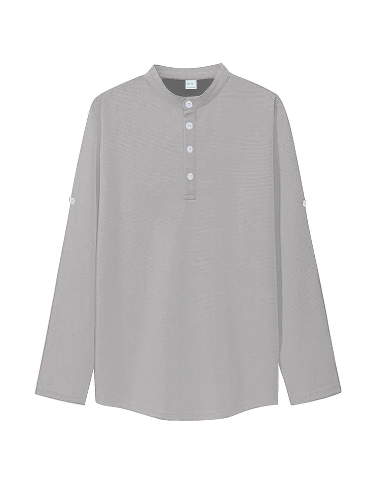 Damen nan oversized Langarm-Henley mit Stehkragen Waffelstruktur und Ärmelsicherung Drune