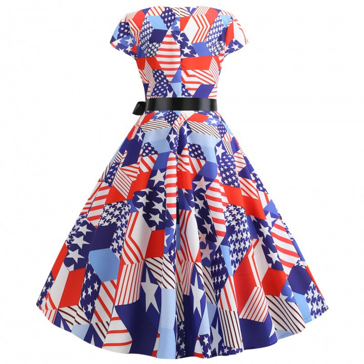 Damen Midikleid mit buntem Flaggenmuster und eleganter Taillenbindung Drune