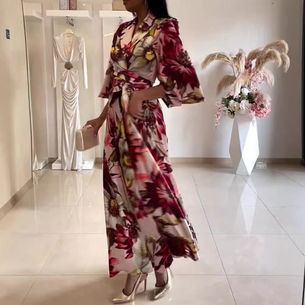 Damen elegantes Blumenkleid mit tailliertem Gürtel und weiten Ärmeln Drune