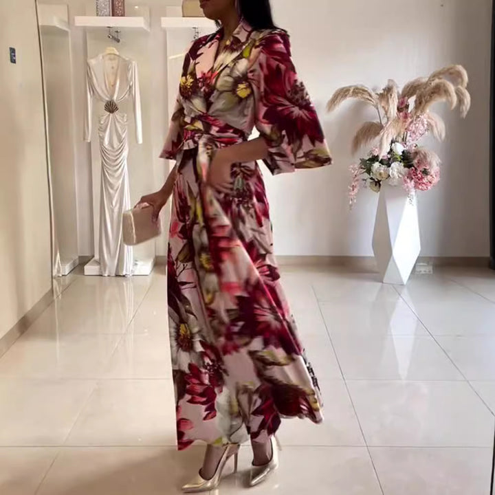 Damen elegantes Blumenkleid mit tailliertem Gürtel und weiten Ärmeln Drune