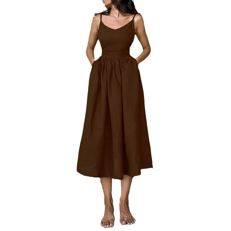Damen Langes Leinenkleid mit tiefem V-Ausschnitt und taillierter Taille Drune