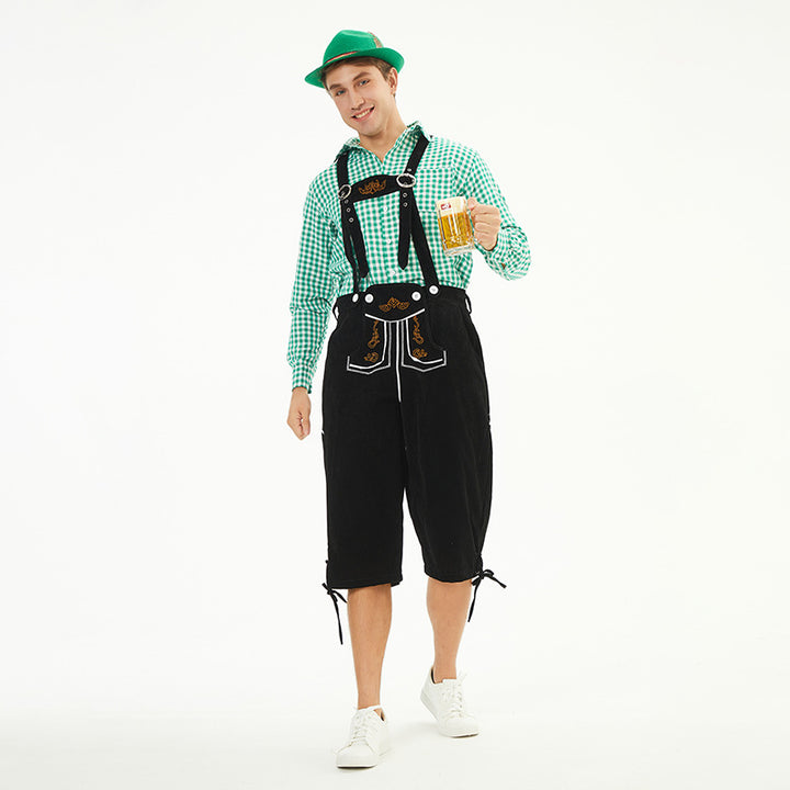 Herren nan moderne Samt-Trachtenkniebundhose mit dekorativer Stickerei und verstellbaren Trägern Drune