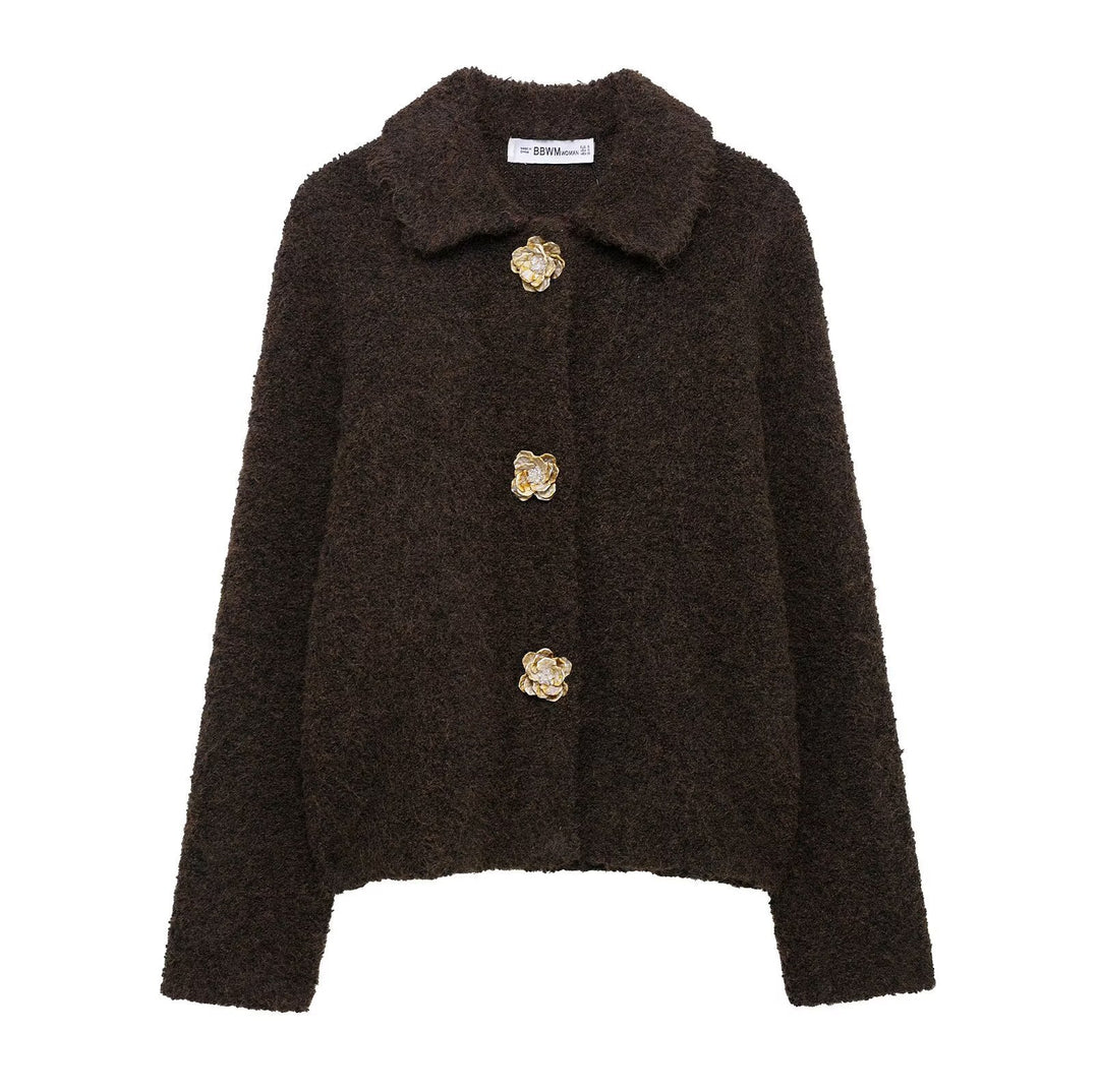 Damen Teddyjacke mit eleganten Blumenknopfdetails Drune